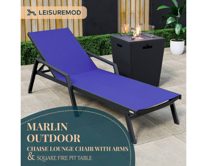 LeisureMod Marlin Modern Black Aluminum Outdoor Chaise Lounge Chair With Arms and Square Fire Pit Side Table for Patio - Navy Blue