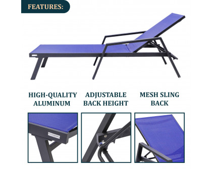 LeisureMod Marlin Modern Black Aluminum Outdoor Chaise Lounge Chair With Arms and Square Fire Pit Side Table for Patio - Navy Blue