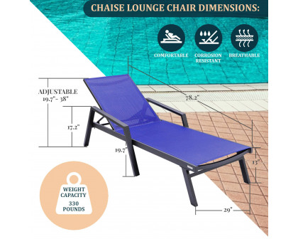 LeisureMod Marlin Modern Black Aluminum Outdoor Chaise Lounge Chair With Arms and Square Fire Pit Side Table for Patio - Navy Blue