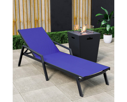 LeisureMod Marlin Modern Black Aluminum Outdoor Chaise Lounge Chair With Arms and Square Fire Pit Side Table for Patio - Navy Blue