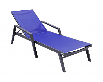 LeisureMod Marlin Modern Black Aluminum Outdoor Chaise Lounge Chair With Arms and Square Fire Pit Side Table for Patio - Navy Blue