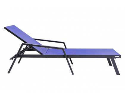 LeisureMod Marlin Modern Black Aluminum Outdoor Chaise Lounge Chair With Arms and Square Fire Pit Side Table for Patio - Navy Blue