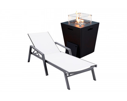 LeisureMod Marlin Modern Black Aluminum Outdoor Chaise Lounge Chair With Arms and Square Fire Pit Side Table for Patio