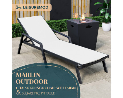 LeisureMod Marlin Modern Black Aluminum Outdoor Chaise Lounge Chair With Arms and Square Fire Pit Side Table for Patio - White