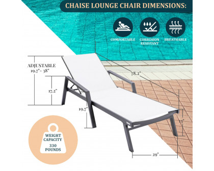 LeisureMod Marlin Modern Black Aluminum Outdoor Chaise Lounge Chair With Arms and Square Fire Pit Side Table for Patio - White