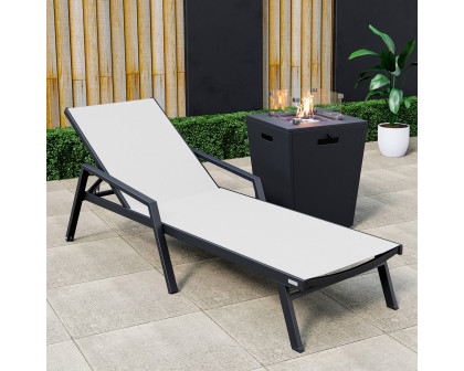 LeisureMod Marlin Modern Black Aluminum Outdoor Chaise Lounge Chair With Arms and Square Fire Pit Side Table for Patio - White