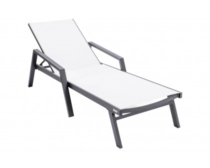 LeisureMod Marlin Modern Black Aluminum Outdoor Chaise Lounge Chair With Arms and Square Fire Pit Side Table for Patio - White