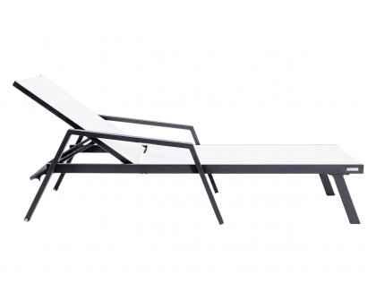 LeisureMod Marlin Modern Black Aluminum Outdoor Chaise Lounge Chair With Arms and Square Fire Pit Side Table for Patio - White