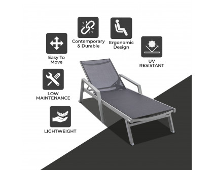 LeisureMod Marlin Patio Chaise Lounge Chair With Armrests In Gray Aluminum Frame - Black