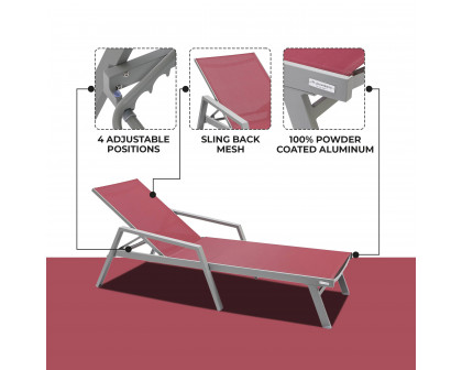 LeisureMod Marlin Patio Chaise Lounge Chair With Armrests In Gray Aluminum Frame - Burgundy