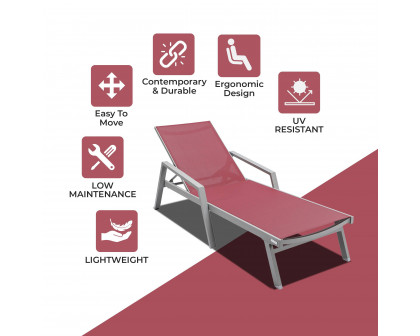 LeisureMod Marlin Patio Chaise Lounge Chair With Armrests In Gray Aluminum Frame - Burgundy