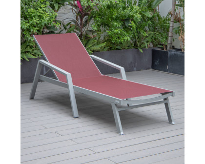 LeisureMod Marlin Patio Chaise Lounge Chair With Armrests In Gray Aluminum Frame - Burgundy