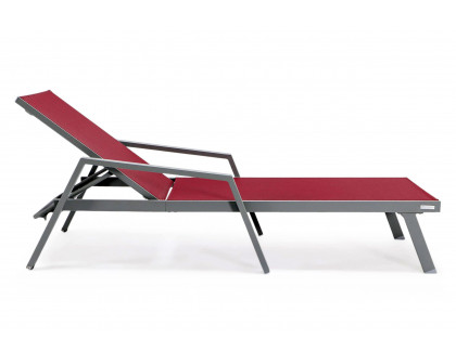 LeisureMod Marlin Patio Chaise Lounge Chair With Armrests In Gray Aluminum Frame - Burgundy