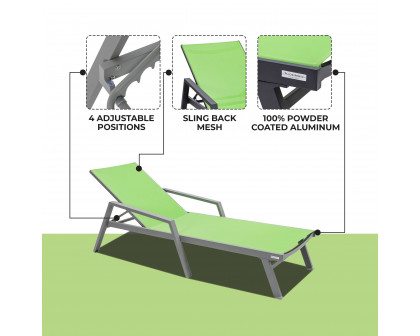 LeisureMod Marlin Patio Chaise Lounge Chair With Armrests In Gray Aluminum Frame - Green