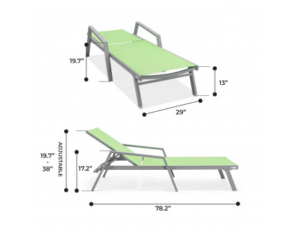 LeisureMod Marlin Patio Chaise Lounge Chair With Armrests In Gray Aluminum Frame - Green