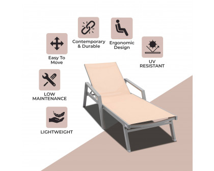 LeisureMod Marlin Patio Chaise Lounge Chair With Armrests In Gray Aluminum Frame - Light Brown