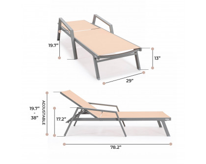 LeisureMod Marlin Patio Chaise Lounge Chair With Armrests In Gray Aluminum Frame - Light Brown