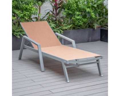 LeisureMod Marlin Patio Chaise Lounge Chair With Armrests In Gray Aluminum Frame - Light Brown