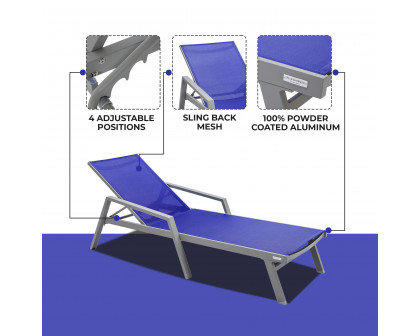 LeisureMod Marlin Patio Chaise Lounge Chair With Armrests In Gray Aluminum Frame - Navy Blue