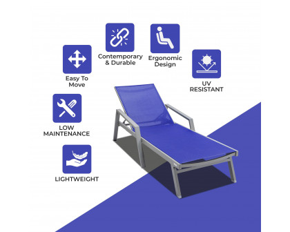 LeisureMod Marlin Patio Chaise Lounge Chair With Armrests In Gray Aluminum Frame - Navy Blue