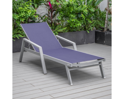 LeisureMod Marlin Patio Chaise Lounge Chair With Armrests In Gray Aluminum Frame - Navy Blue