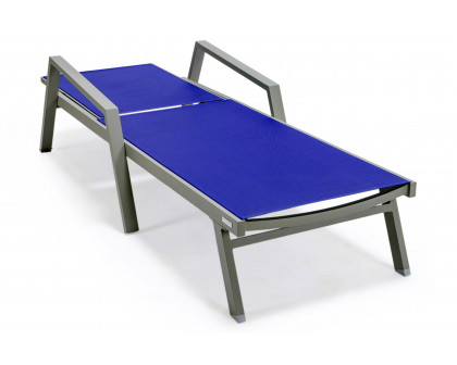 LeisureMod Marlin Patio Chaise Lounge Chair With Armrests In Gray Aluminum Frame - Navy Blue