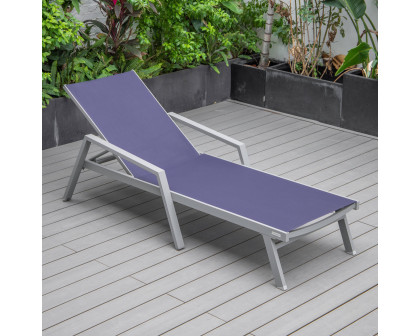 LeisureMod Marlin Patio Chaise Lounge Chair With Armrests In Gray Aluminum Frame - Navy Blue