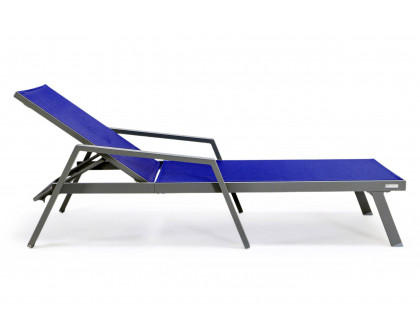 LeisureMod Marlin Patio Chaise Lounge Chair With Armrests In Gray Aluminum Frame - Navy Blue