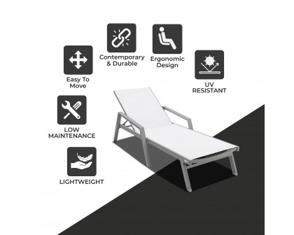 LeisureMod Marlin Patio Chaise Lounge Chair With Armrests In Gray Aluminum Frame - White