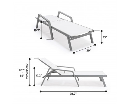 LeisureMod Marlin Patio Chaise Lounge Chair With Armrests In Gray Aluminum Frame - White