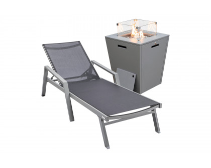 LeisureMod Marlin Modern Black Aluminum Outdoor Chaise Lounge Chair With Arms and Square Fire Pit Side Table for Patio