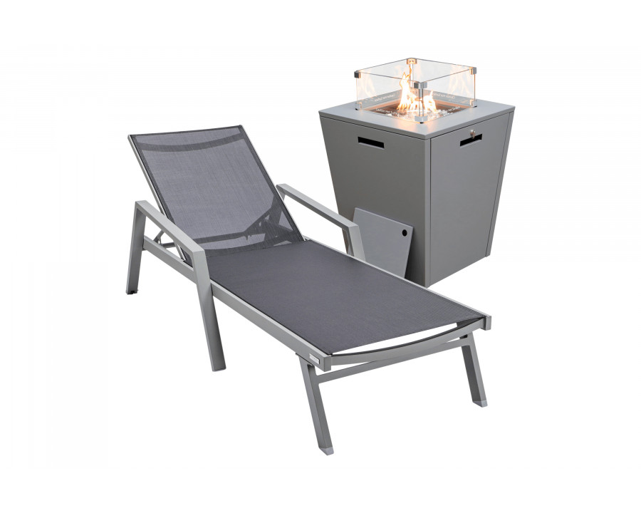 LeisureMod Marlin Modern Gray Aluminum Outdoor Chaise Lounge Chair With Arms and Square Fire Pit Side Table for Patio - Black