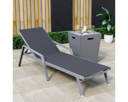 LeisureMod Marlin Modern Gray Aluminum Outdoor Chaise Lounge Chair With Arms and Square Fire Pit Side Table for Patio - Black