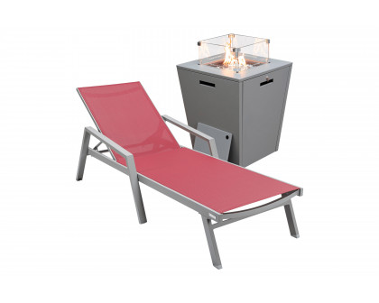 LeisureMod Marlin Modern Black Aluminum Outdoor Chaise Lounge Chair With Arms and Square Fire Pit Side Table for Patio