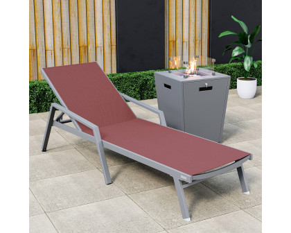 LeisureMod Marlin Modern Gray Aluminum Outdoor Chaise Lounge Chair With Arms and Square Fire Pit Side Table for Patio - Burgundy