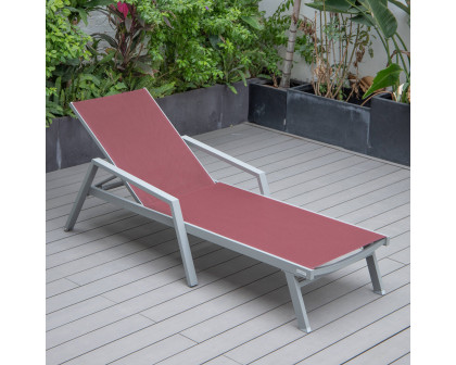 LeisureMod Marlin Modern Gray Aluminum Outdoor Chaise Lounge Chair With Arms and Square Fire Pit Side Table for Patio - Burgundy