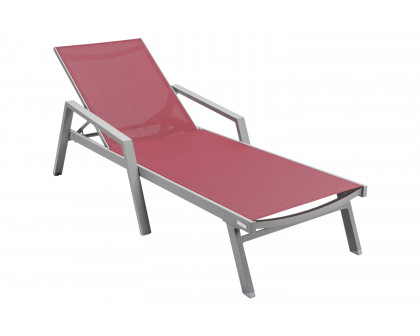 LeisureMod Marlin Modern Gray Aluminum Outdoor Chaise Lounge Chair With Arms and Square Fire Pit Side Table for Patio - Burgundy