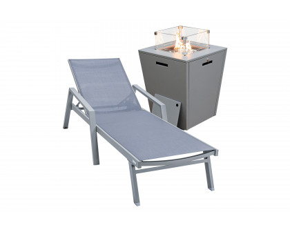 LeisureMod Marlin Modern Black Aluminum Outdoor Chaise Lounge Chair With Arms and Square Fire Pit Side Table for Patio