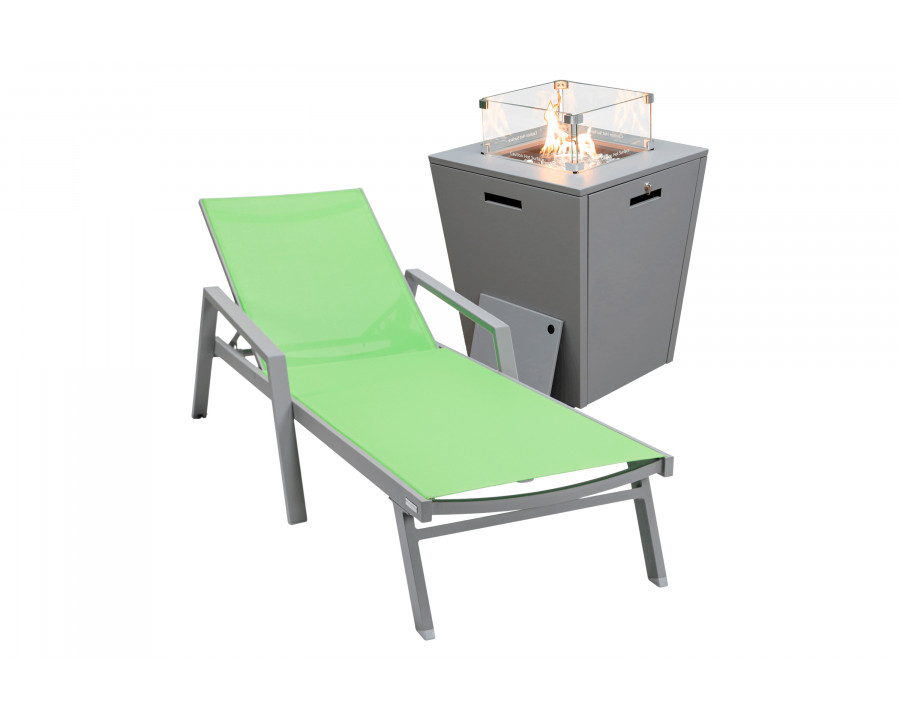 LeisureMod Marlin Modern Gray Aluminum Outdoor Chaise Lounge Chair With Arms and Square Fire Pit Side Table for Patio - Green