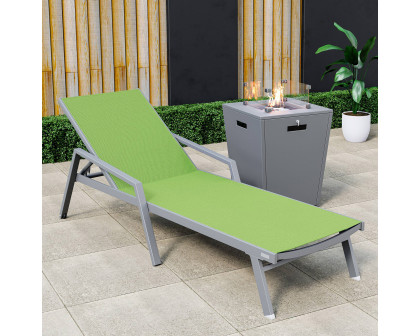 LeisureMod Marlin Modern Gray Aluminum Outdoor Chaise Lounge Chair With Arms and Square Fire Pit Side Table for Patio - Green