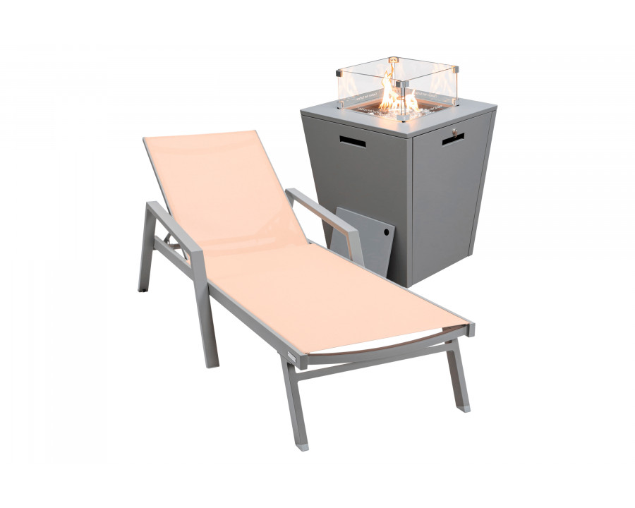 LeisureMod Marlin Modern Gray Aluminum Outdoor Chaise Lounge Chair With Arms and Square Fire Pit Side Table for Patio - Light Brown