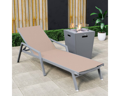 LeisureMod Marlin Modern Gray Aluminum Outdoor Chaise Lounge Chair With Arms and Square Fire Pit Side Table for Patio - Light Brown