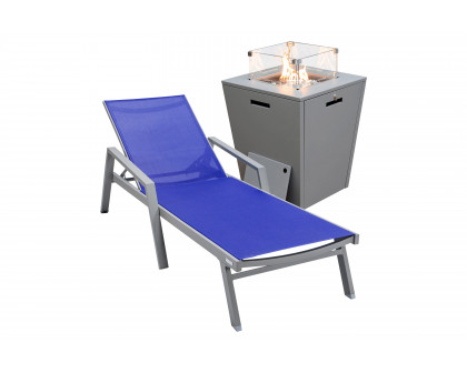 LeisureMod Marlin Modern Black Aluminum Outdoor Chaise Lounge Chair With Arms and Square Fire Pit Side Table for Patio