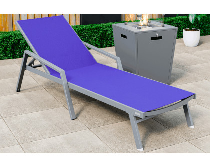 LeisureMod Marlin Modern Gray Aluminum Outdoor Chaise Lounge Chair With Arms and Square Fire Pit Side Table for Patio - Navy Blue