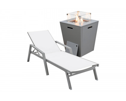 LeisureMod Marlin Modern Black Aluminum Outdoor Chaise Lounge Chair With Arms and Square Fire Pit Side Table for Patio