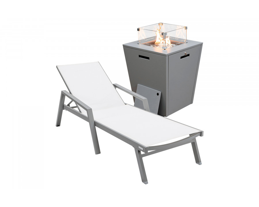 LeisureMod Marlin Modern Gray Aluminum Outdoor Chaise Lounge Chair With Arms and Square Fire Pit Side Table for Patio - White