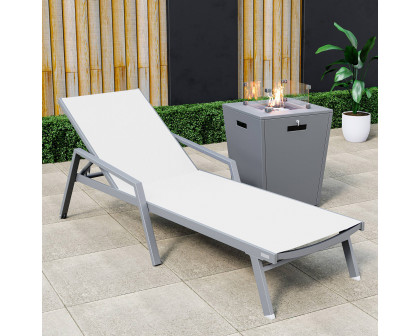 LeisureMod Marlin Modern Gray Aluminum Outdoor Chaise Lounge Chair With Arms and Square Fire Pit Side Table for Patio - White