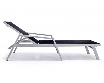 LeisureMod Marlin Patio Chaise Lounge Chair With Armrests In White Aluminum Frame - Black