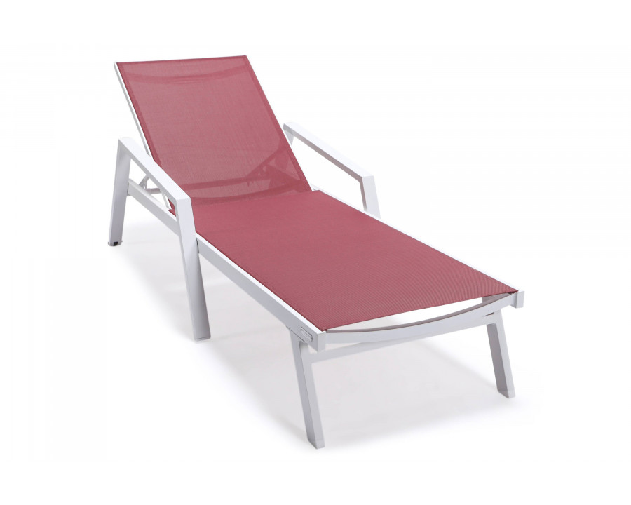 LeisureMod Marlin Patio Chaise Lounge Chair With Armrests In White Aluminum Frame - Burgundy