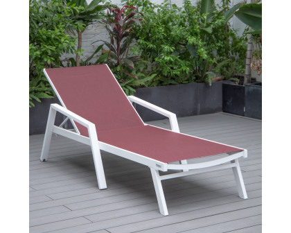 LeisureMod Marlin Patio Chaise Lounge Chair With Armrests In White Aluminum Frame - Burgundy